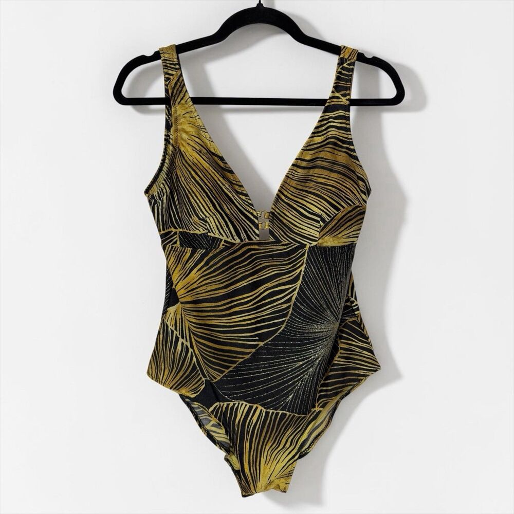 Zingara One Piece Swimsuit Metallic Link Plunge Gold Black Abstract Resort Sz 12